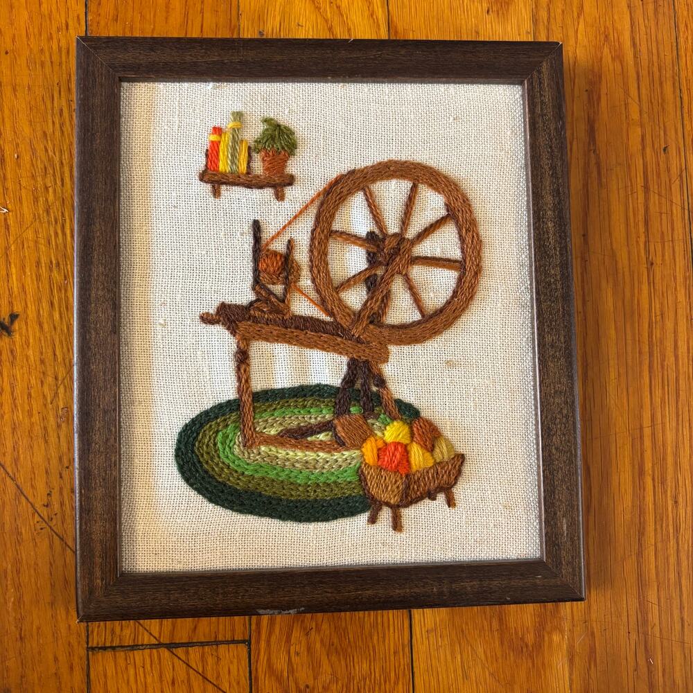 Vintage Jiffy Stitchery Spinning Wheel Framed Crewel Art